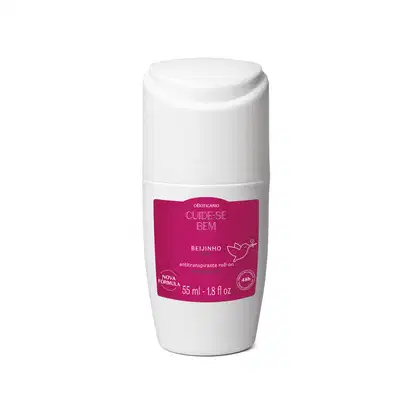 Frasco branco com rótulo rosa e letras brancas contendo 5ml de antitranspirante roll-on da marca Cuide-se Bem Beijinho.