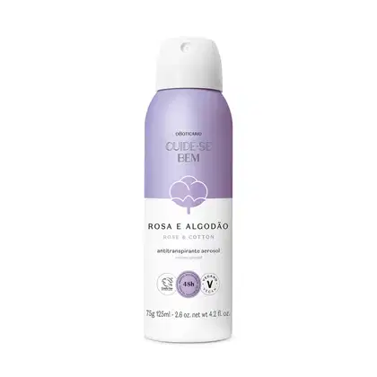 Frasco branco e lilás com ilustração de flor de algodão contendo 125ml de desodorante antitranspirante aerossol da marca Cuide-se Bem Rosa e Algodão.