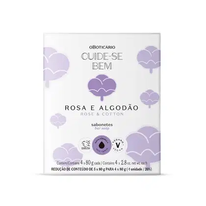 Caixa branca com ilustrações de flores de algodão na cor roa e lilás contendo quatro sabonetes em barra de 80g cada.