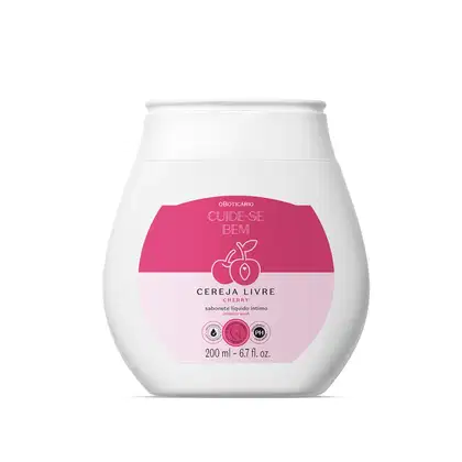 Frasco branco com rótulo rosa com a marca Cuide-se Bem Cereja Livre e imagem de cereja, contendo 200ml de sabonete líquido íntimo.