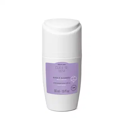 Frasco branco de desodorante roll-on Cuide-se Bem Rosa e Algodão, com rótulo lilás contendo informações sobre o produto em letras pretas e uma flor de algodão ilustrada.