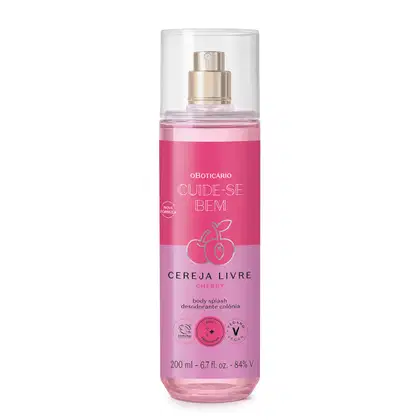 Frasco transparente com líquido rosa, pulverizador prateado, tampa transparente e rótulo rosa e lilás com ilustração de cerejas contendo 200ml de body splash Cuide-se Bem Cereja Livre.