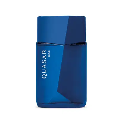 Frasco de vidro em formato geométrico com letras amarelas contendo 100ml de desodorante colônia Quasar Blue.
