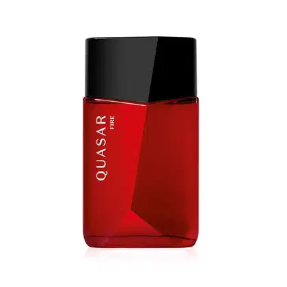 Vidro retangular em formato geométrico na cor vermelha com tampa vinho e letras brancas contendo 100ml de desodorante colônia Quasar Fire.