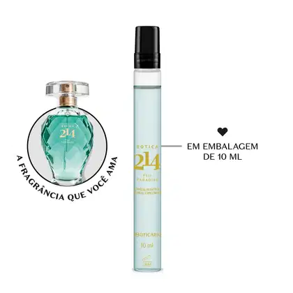 Vidro cilíndrico transparente com líquido azul, tampa preta e letras douradas contendo 10ml de Eau de Parfum feminino da marca Botica 214 Fiji Paradise. Ao lado, um vidro com líquido verde e tampa dourada da mesma fragrância.
