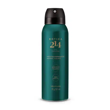 Frasco azul escuro fosco com tampa preta e letras douradas contendo 75g/125ml de desodorante antitranspirante aerossol da marca Botica 214 Fiji Paradise.