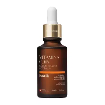 Vidro marrom com detalhe dourado, conta-gotas branco, letras amarelas e detalhe em laranja contendo 30ml de sérum de alta potência 10% da marca Botik Vitamina C.