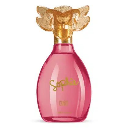 Frasco rosa com tampa dourada em formato de borboleta e rótulo com letras rosa escuro contendo 100ml de colônia infantil Sophie Candy.