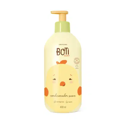 Frasco amarelo claro com ilustração de um passarinho amarelo com detalhes laranjas e bomba dosadora laranja contendo 400ml de condicionador suave da marca Boti Baby.