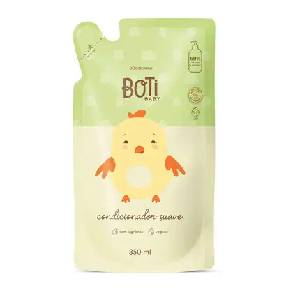 Refil de condicionador suave da marca Boti Baby em forma de sachê nas cores rosa e amarelo claro com ilustração de passarinho amarelo com detalhes laranjas.