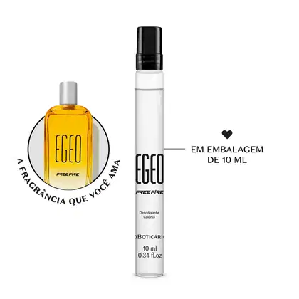 Frasco transparente cilíndrico com tampa e letras pretas contendo 10ml de desodorante colônia Egeo Free Fire. Ao lado, o frasco original da fragrância em vidro laranja com tampa prateada e letras pretas.