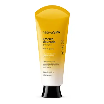 Frasco com degradê de amarelo e branco, tampa e letras pretas contendo 200ml de loção radiante corporal Nativa SPA Ameixa Dourada.