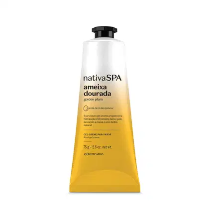 Bisnaga com degradê de prata e amarelo com tampa e letras pretas contendo 75g de gel creme para as mãos da marca Nativa SPA Ameixa Dourada.