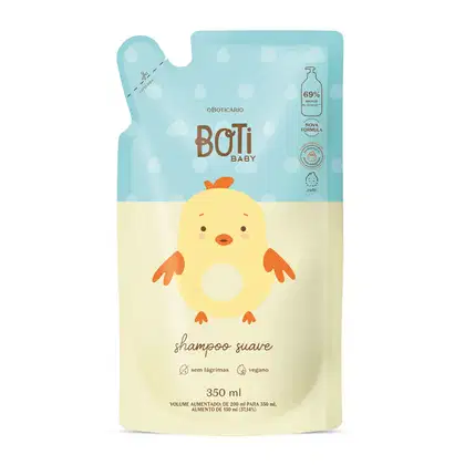 Refil de shampoo suave da marca Boti Baby em sachê de 350ml nas cores azul e amarelo claro com ilustração de passarinho amarelo.