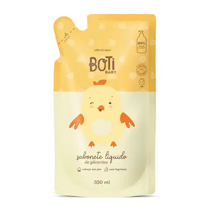 Refil de sabonete líquido de glicerina da marca Boti Baby em forma de sachê nas cores laranja e amarelo claro com ilustração de passarinho amarelo com detalhes laranjas.