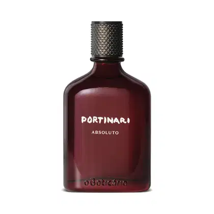 Vidro retangular marrom escuro  com tampa preta e letras brancas contendo 100ml de desodorante colônia Portinari Absoluto.
