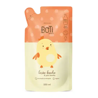 Refil de loção hidratante corporal da marca Boti Baby em forma de sachê nas cores laranja e amarelo claro com ilustração de passarinho amarelo com detalhes laranjas.