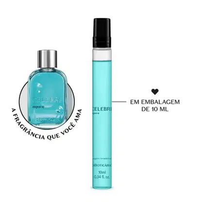 Frasco cilíndrico transparente com líquido azul, tampa e letras pretas, contendo 10ml de desodorante colônia Celebre Agora Masculino. Ao lado, em um círculo, é possível ver a embalagem original do produto em vidro com líquido azul e tampa prateada.