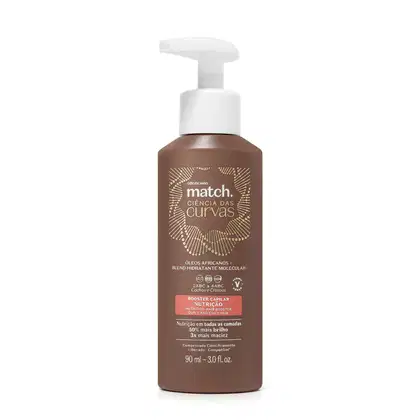 Frasco marrom com bomba dosadora branca e letras brancas e bege claro contendo 90ml de booster capilar Nutrição Match Ciência das Curvas.