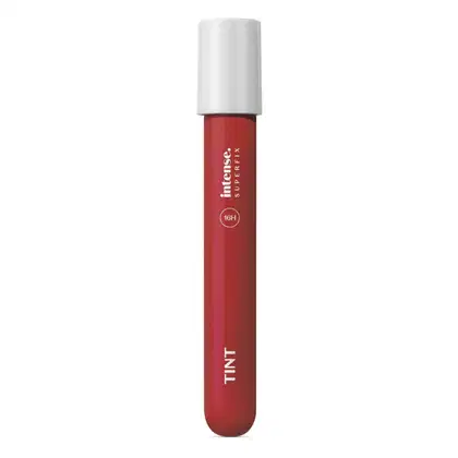 Batom líquido Tint Superfix na cor vermelha 345 da marca Intense em tubo cilíndrico na cor do produto e tapa branca.