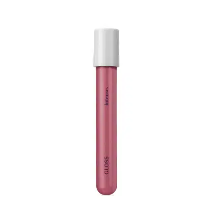 Gloss labial na cor rosa 215 da marca Intense em tubo transparente, mostrando a tonalidade do produto, tampa branca e letras pretas.