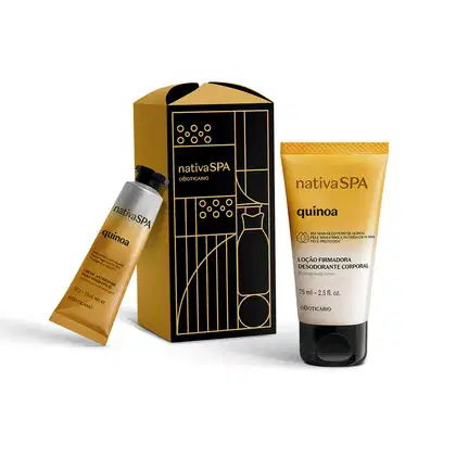 Caixa de presente retangular nas cores preta e amarelo com logo Nativa SPA e dois produtos de cuidados com a pele da marca Nativa SPA Quinoa, sendo uma bisnaga de loção desodorante corporal e uma bisnaga de creme para as mãos, ambas com com a tampa preta.