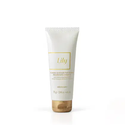 Bisnaga branca com letras e tampa douradas contendo 75g de creme acetinado hidratante corporal da marca Lily.