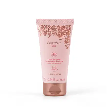 Bisnaga rosa claro com tampa e detalhes florais na cor dourada contendo 75g de creme hidratante corporal Floratta Rose.