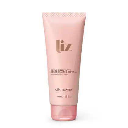 Bisnaga rosa om letras marrons contendo 100ml de creme desodorante hidratante corporal da marca Liz.