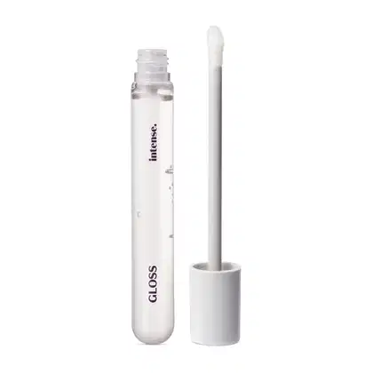 Gloss labial incolor da marca Intense em frasco transparente, mostrando o produto, tampa e haste cinza e esponja aplicadora branca.