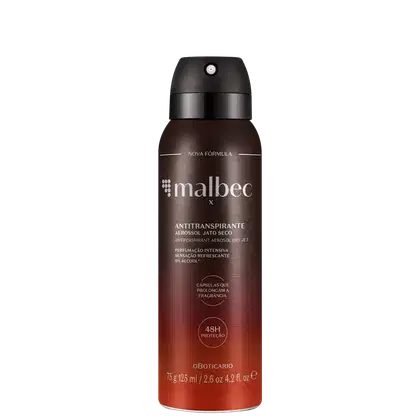 Frasco com degradê de marrom e laranja e letras cinzas contendo 75g/125ml de desodorante antitranspirante aerossol da marca Malbec.
