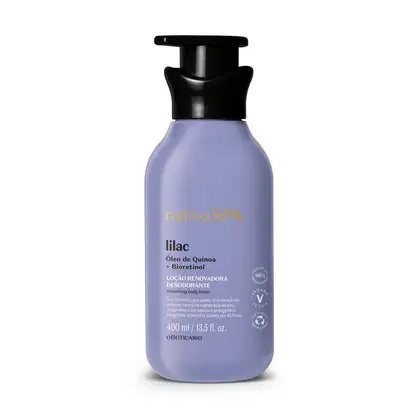 Frasco lilás com bomba dosadora preta e letras douradas, brancas e pretas contendo 400ml de loção renovadora hidratante corporal da marca Nativa SPA Lilac.