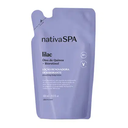 Refil de loção renovadora hidratante corporal Nativa SPA Lilac em sachê de 350ml na cor lilás com letras pretas e brancas.