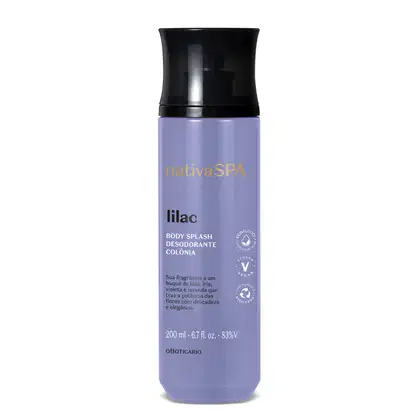 Frasco cilíndrico na cor lilás com tampa preta e letras brancas e pretas  contendo 200ml de body splash Nativa SPA Lilac.