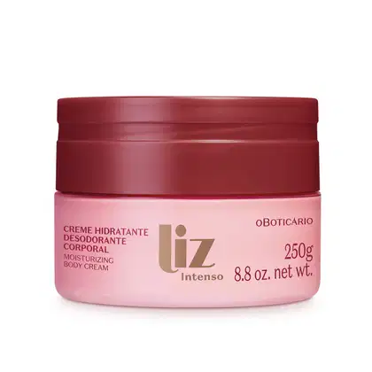 Pote rosa com tampa e letras vermelhas contendo 250g de creme hidratante corporal Liz Intenso.