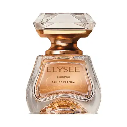 Frasco de Eau De Parfum da marca Elysée em formato geométrico com líquido na cor âmbar e tampa em forma de cristal lapidado, em tons de dourado e com rótulo em relevo com o nome da marca.