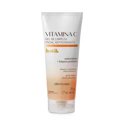 Bisnaga azul e laranja com letras marrons e detalhe na cor laranja contendo 50g de gel de limpeza facial antioxidante da marca Botik Vitamina C.