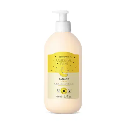 Imagem de um frasco branco com bomba doseadora contendo loção desodorante hidratante da marca Cuide-se Bem Banana, com rótulo amarelo com ilustração de banana.