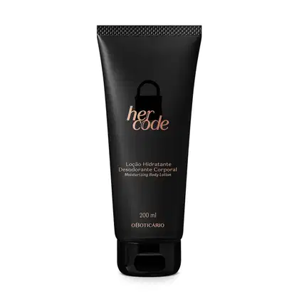 Frasco preto com letras douradas contendo 200ml de loção hidratante corporal da marca Her Code.