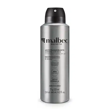 Imagem de um frasco de aerossol prateado com letras e tampa pretas da marca Malbec Magnetic, com rótulo indicando ser um desodorante antitranspirante de jato seco com perfumação intensiva e sensação refrescante, sem álcool.