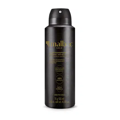 Imagem de um frasco preto de desodorante antitranspirante aerossol da marca Malbec Gold, com rótulo em dourado, contendo i75g/125ml de produto.