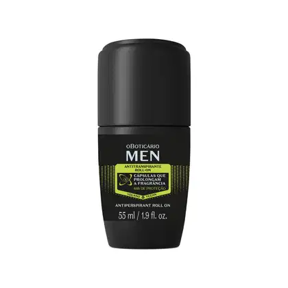 Frasco preto com detalhes amarelos contendo 55ml de desodorante roll-on da marca Men, com texto em verde indicando ser antitranspirante e prolongar a fragrância por 48 horas.