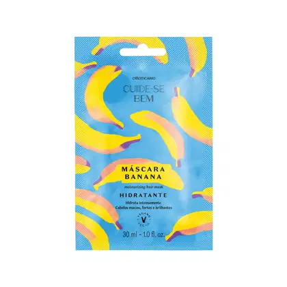 Sachê de 30ml na cor azul com detalhe amarelo, letras pretas e bananas ilustradas, contendo máscara capilar Cuide-se Bem Feira Banana.