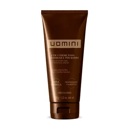 Bisnaga na cor marrom com detalhes e letras em bege contendo 100g de creme para barbear e pós barba 2 em 1 da marca Uomini.