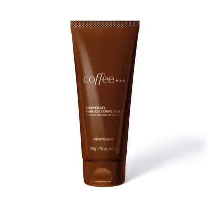 Bisnaga marrom com letras bege contendo 200g de shower gel Cabelo e Corpo 2 em 1 da marca Coffee Man.