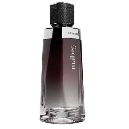 Vidro com degradê de preto e branco, detalhe prateado próximo à tampa preta e rótulo com letras cinza contendo 100ml de desodorante colônia Malbec Icon.