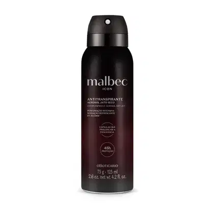 Frasco preto fosco com letras cinzas contendo 75g/125ml de antitranspirante aerossol jato seco da marca Malbec Icon.