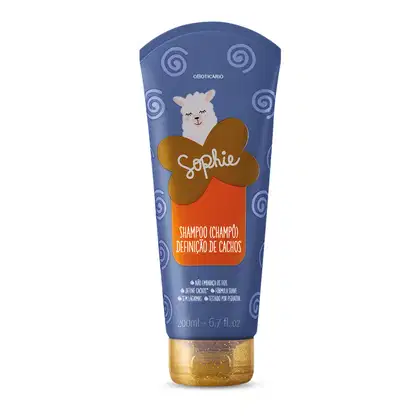 É um shampoo para definição de cachos da linha Sophie, da marca O Boticário, de 200ml. A embalagem é um tubo plástico azul marinho com detalhes em branco, laranja e marrom.