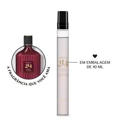 A imagem mostra um vidro quadrado marrom com tampa preta e letras douradas e um frasco transparente de 10ml contendo líquido cinza, tampa preta e letras douradas contendo Eau de Parfum masculino Botica 214 African Sunrise.
