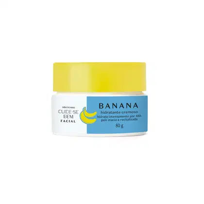 Pote branco com tampa amarela e rótulo azul com bananas amarelas ilustradas contendo 80g de creme hidratante facial Cuide-se Bem Feira Banana.